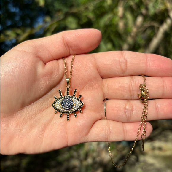 18K Gold Plated Stainless Steel Diamond Evil Eye Necklace - Picture 2 of 5